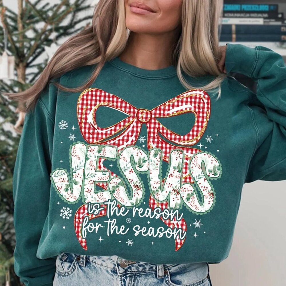 Coquette Floral Christmas Sweatshirt with Bow and Plaid Nativity Holiday Gift 05